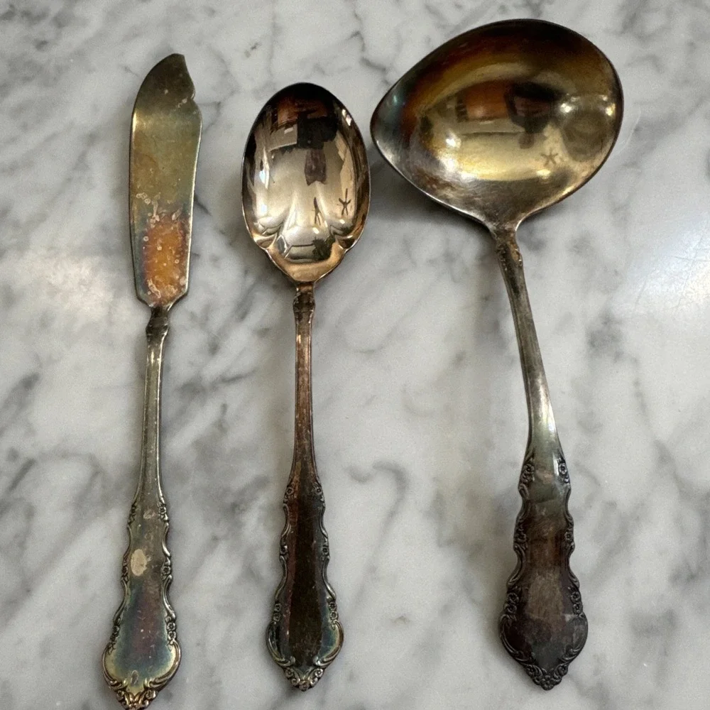 Reed & Barton DRESDEN ROSE 3 Silverplate Serving Pieces Gravy Sugar Butter Knife